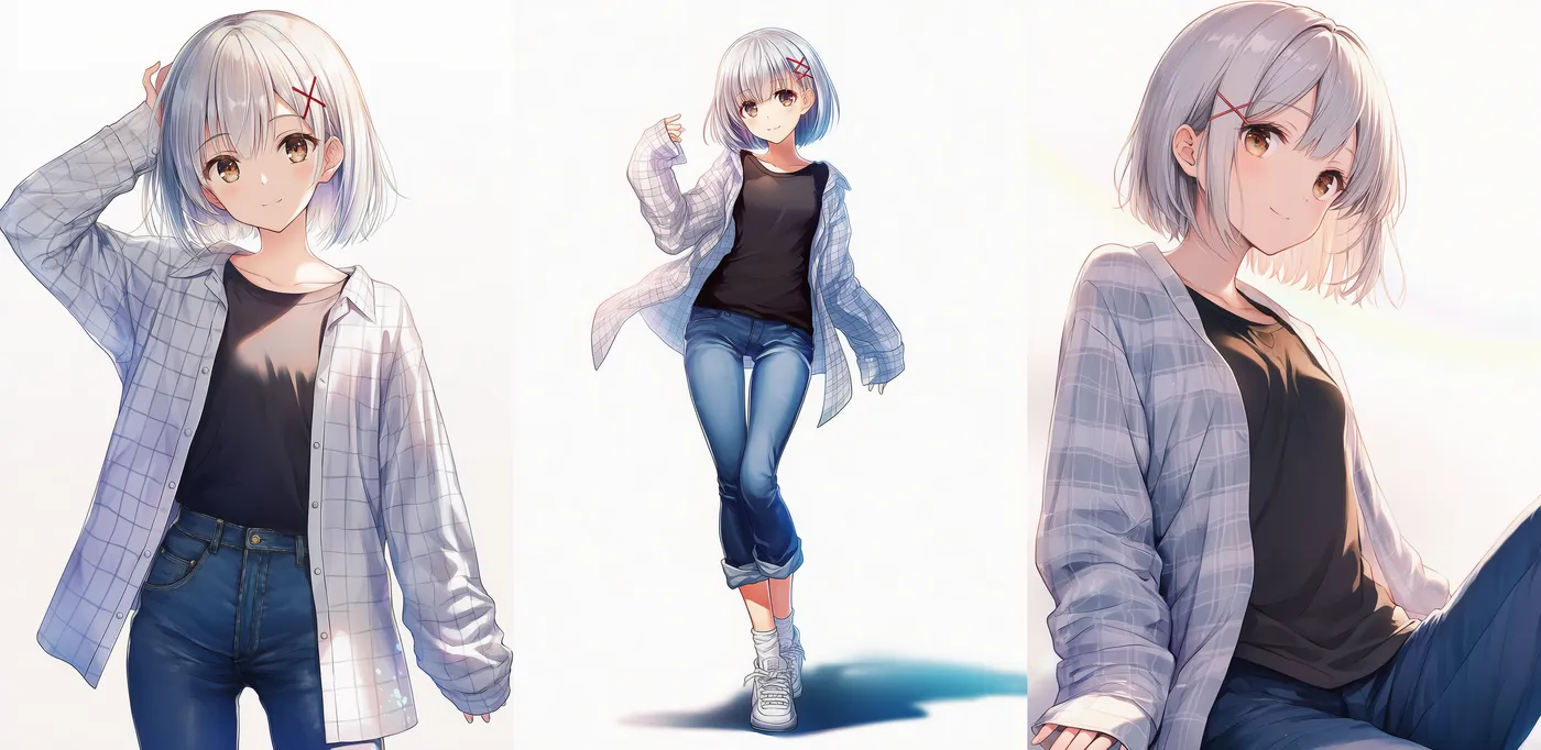 カジュアル服「チェックシャツ×黒Tシャツのレイヤードコーデ」プロンプト紹介