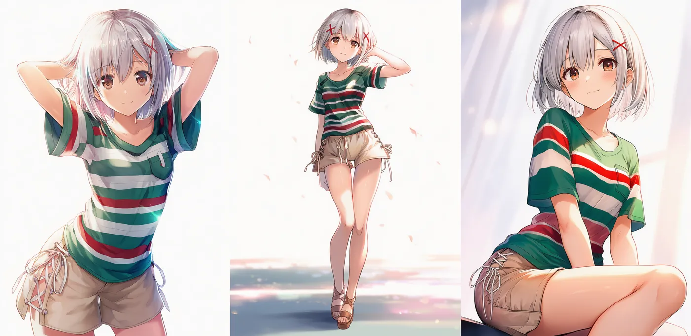 カジュアル服「レトロストライプT×レースアップショーツの休日コーデ」プロンプト紹介