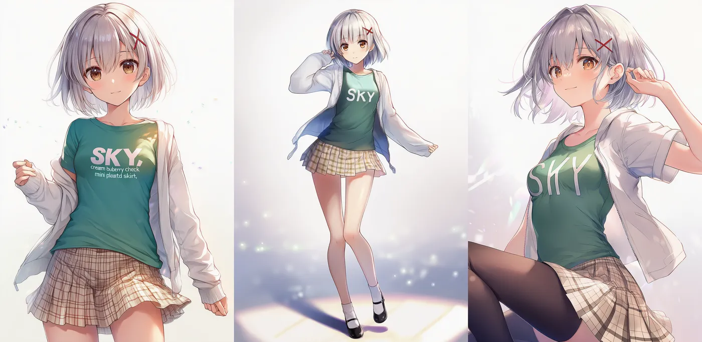 カジュアル服「白ショートジャケット×チェックミニのプレッピーコーデ」プロンプト紹介