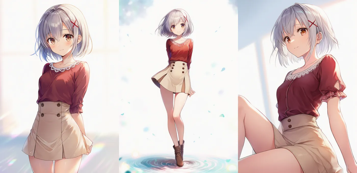 カジュアル服「ピコットブラウス×ボタンミニスカートのナチュラルカジュアル」プロンプト紹介