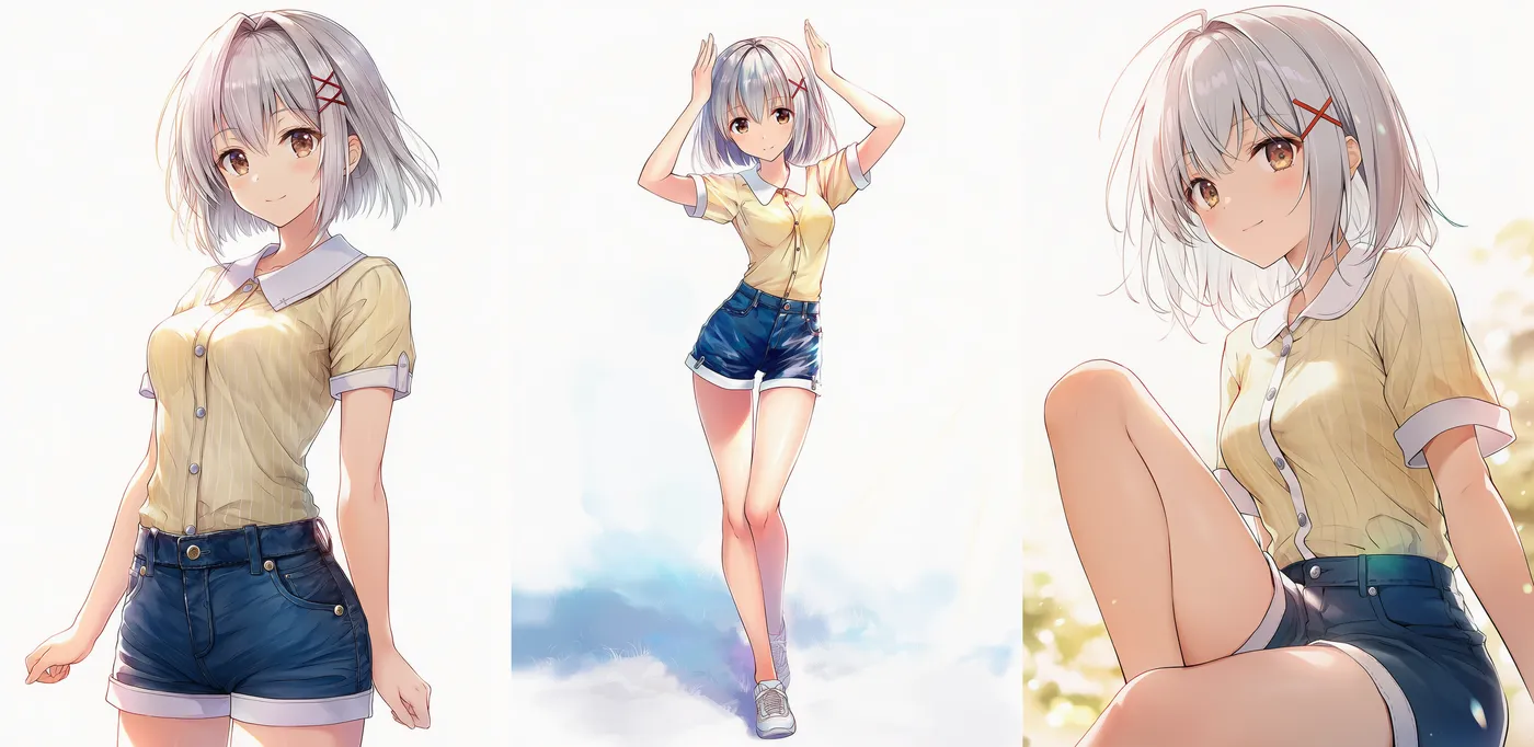 カジュアル服「シアサッカーシャツ×ハトメデニムの爽やかコーデ」プロンプト紹介