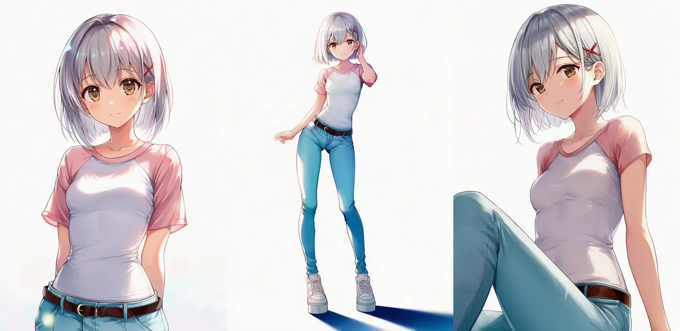 カジュアル服「タイトTシャツ×ライトブルーパンツの80年代風カジュアル」プロンプト紹介