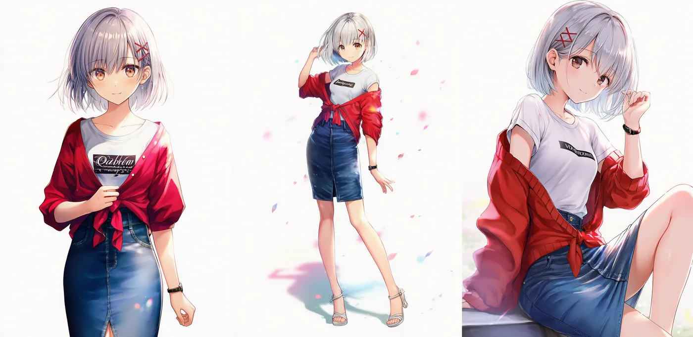 カジュアル服「裾結びカーディガン×スリットデニムのレディ風カジュアル」プロンプト服