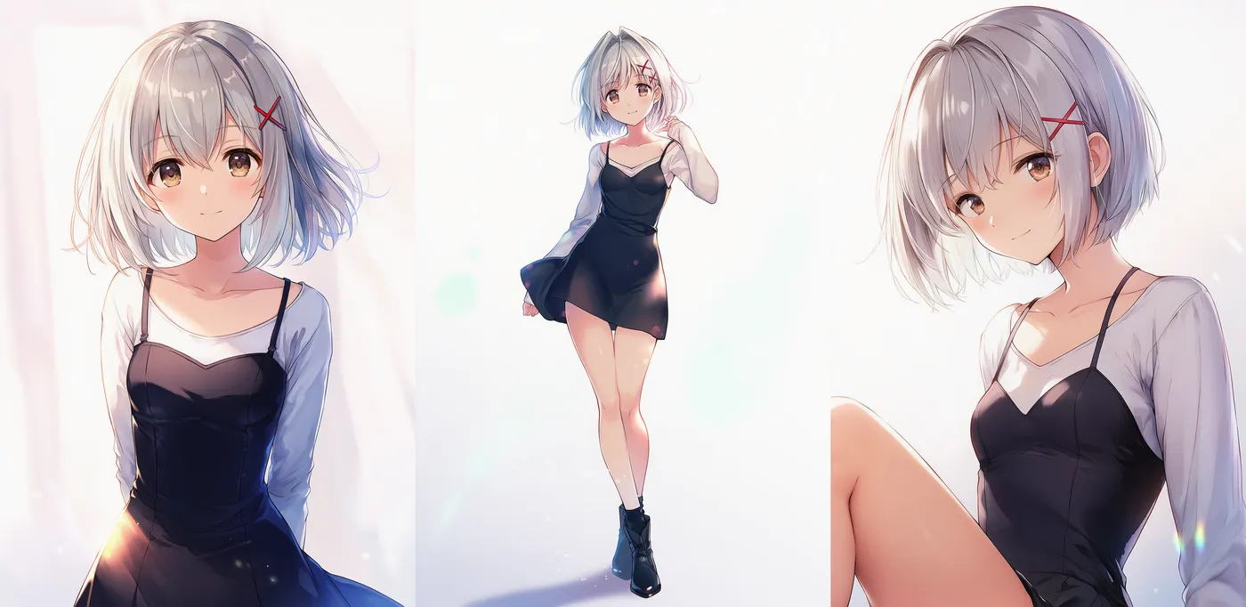 カジュアル服「黒キャミワンピ×白ネックラインのモノトーンコーデ」プロンプト紹介