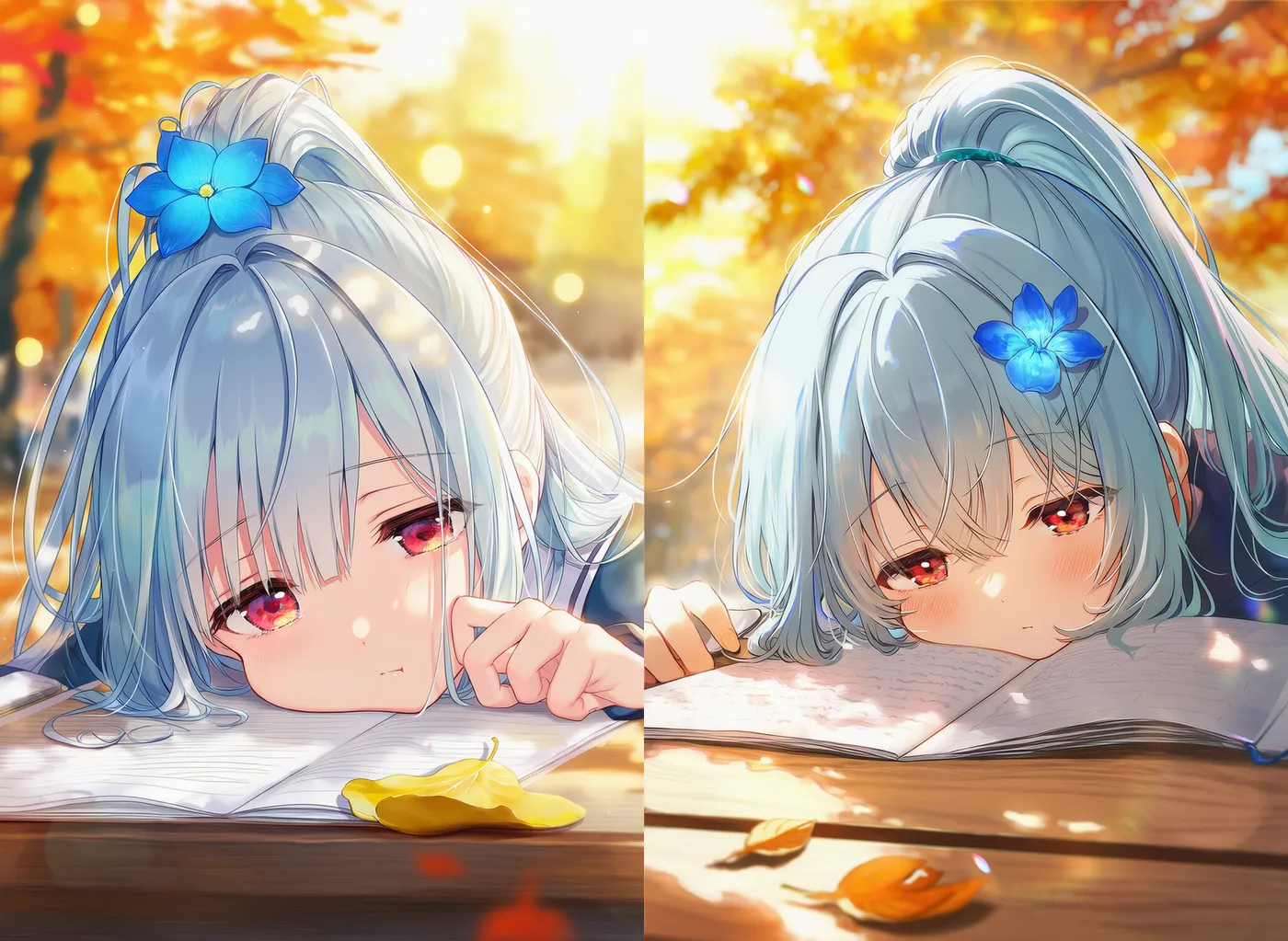 顔からテーブルに突っ伏すポーズの美少女のAIイラスト｜プロンプト紹介