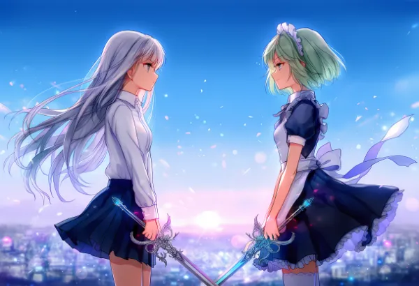 二人の美少女が都市を背景にして対峙している｜動画生成用の素材AIイラスト
