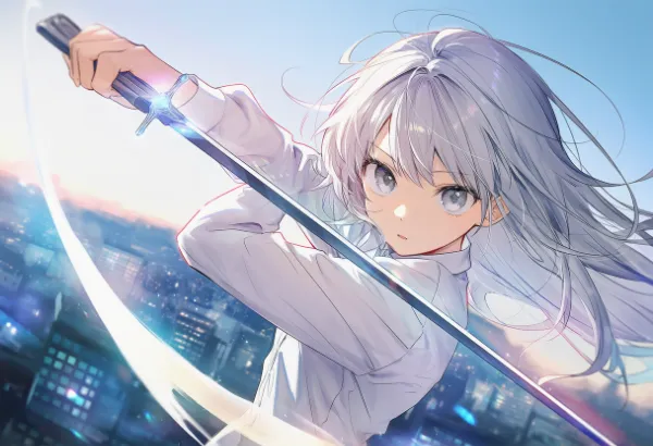 銀髪の美少女が剣を振りかざしている｜動画生成用の素材AIイラスト