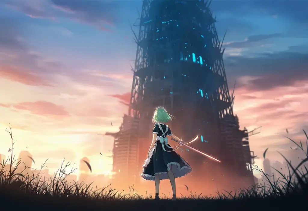 メイド姿の美少女が巨大建造物の前に立っている｜動画生成用の素材AIイラスト