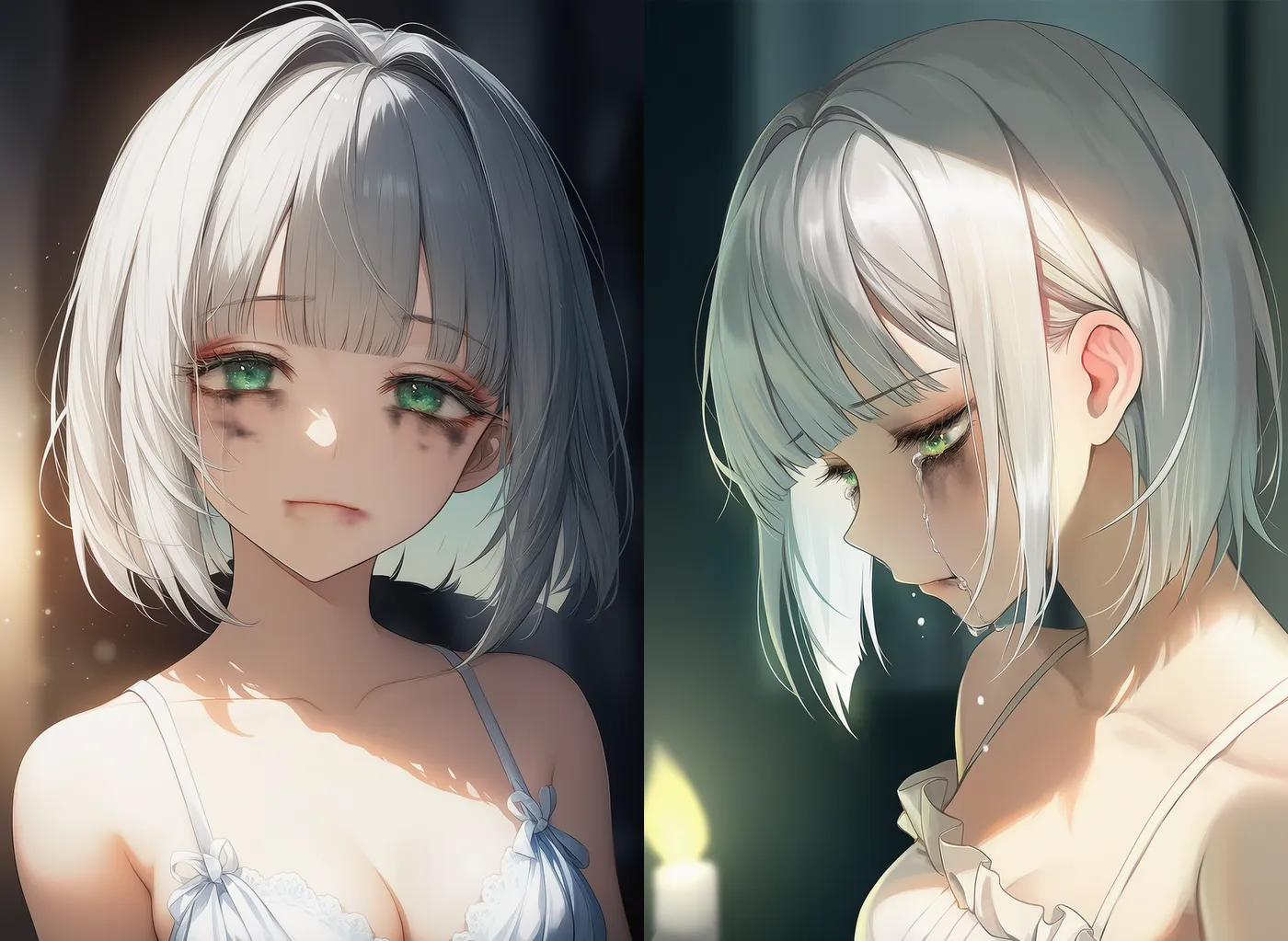 泣いて化粧が崩れて顔が汚れる様子のAIイラスト|プロンプト紹介