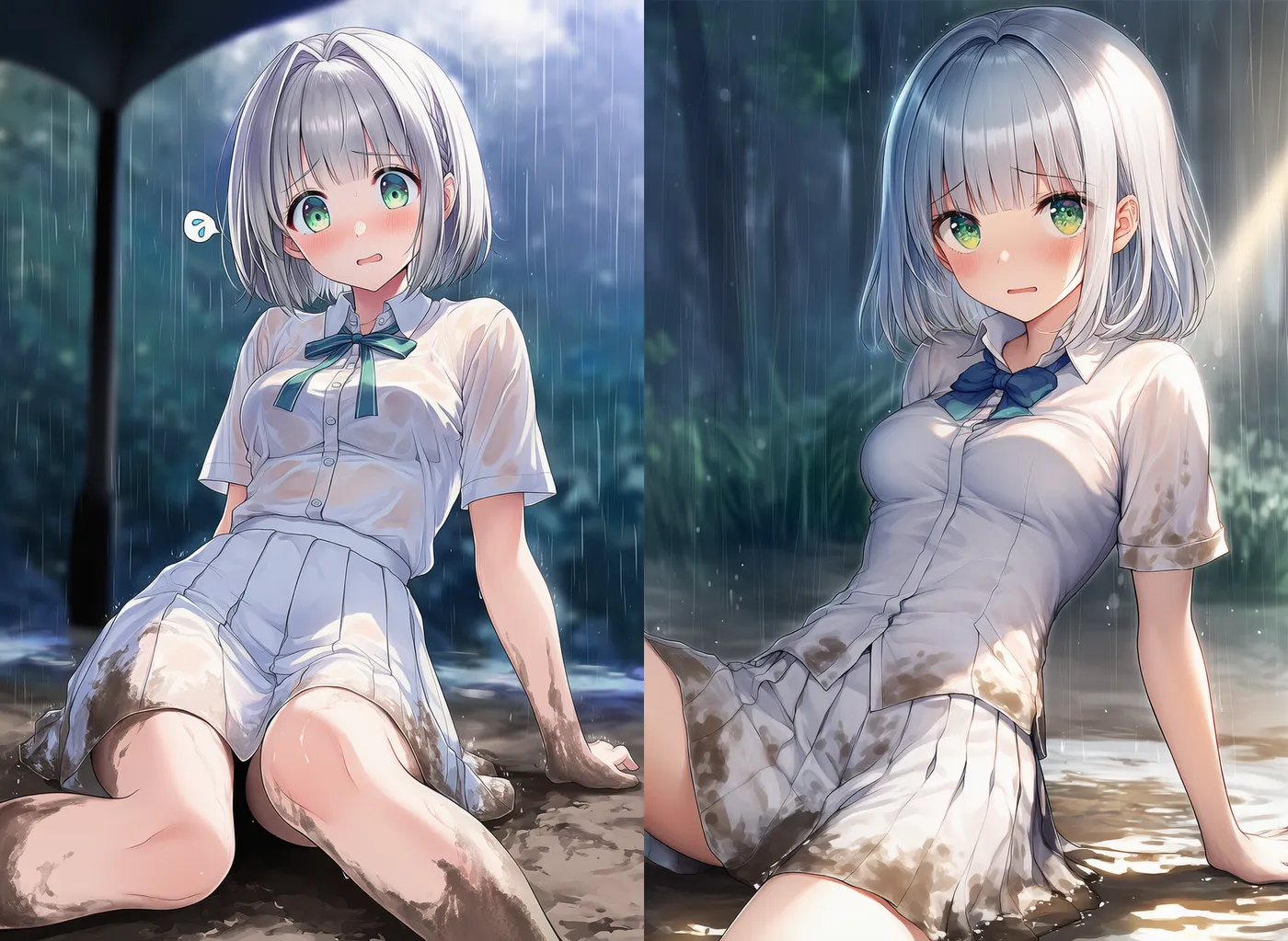 転倒して泥で服が汚れた様子のAIイラスト|プロンプト紹介