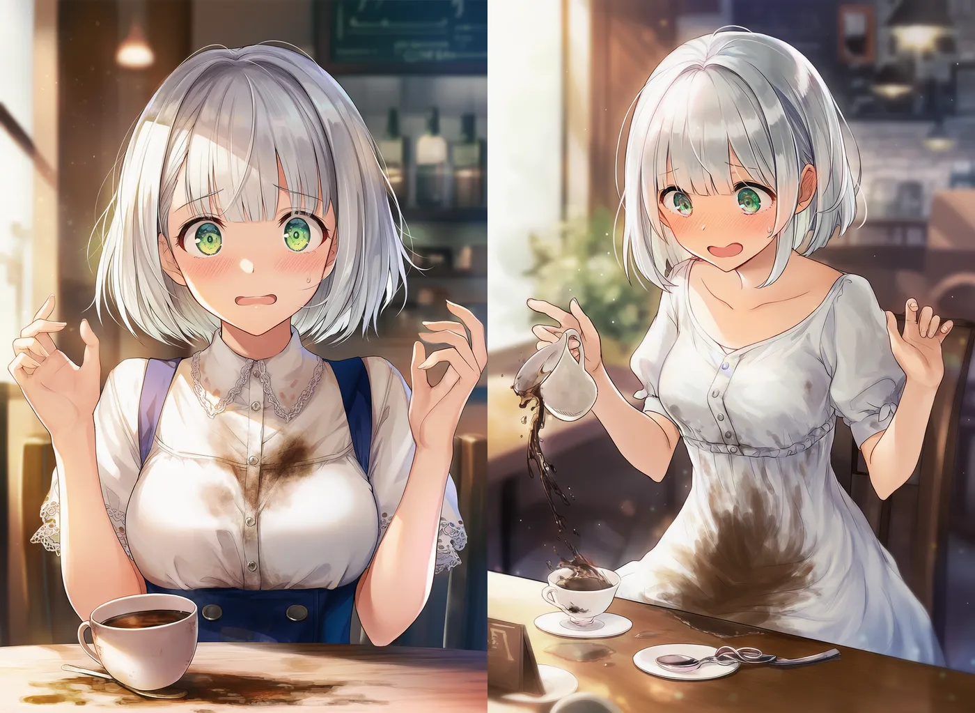 コーヒーをこぼして服が汚れた様子のAIイラスト|プロンプト紹介