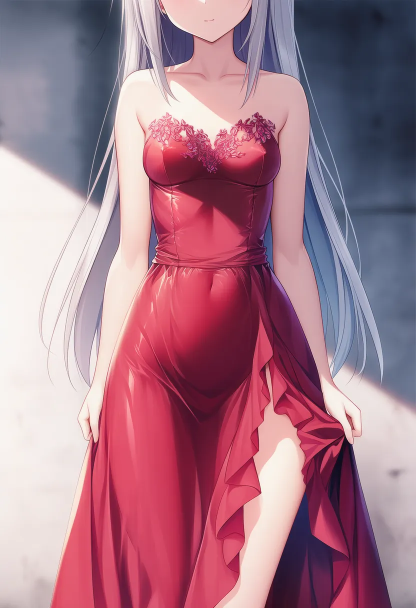 赤いシルク素材のロングドレスのAIイラストの作例