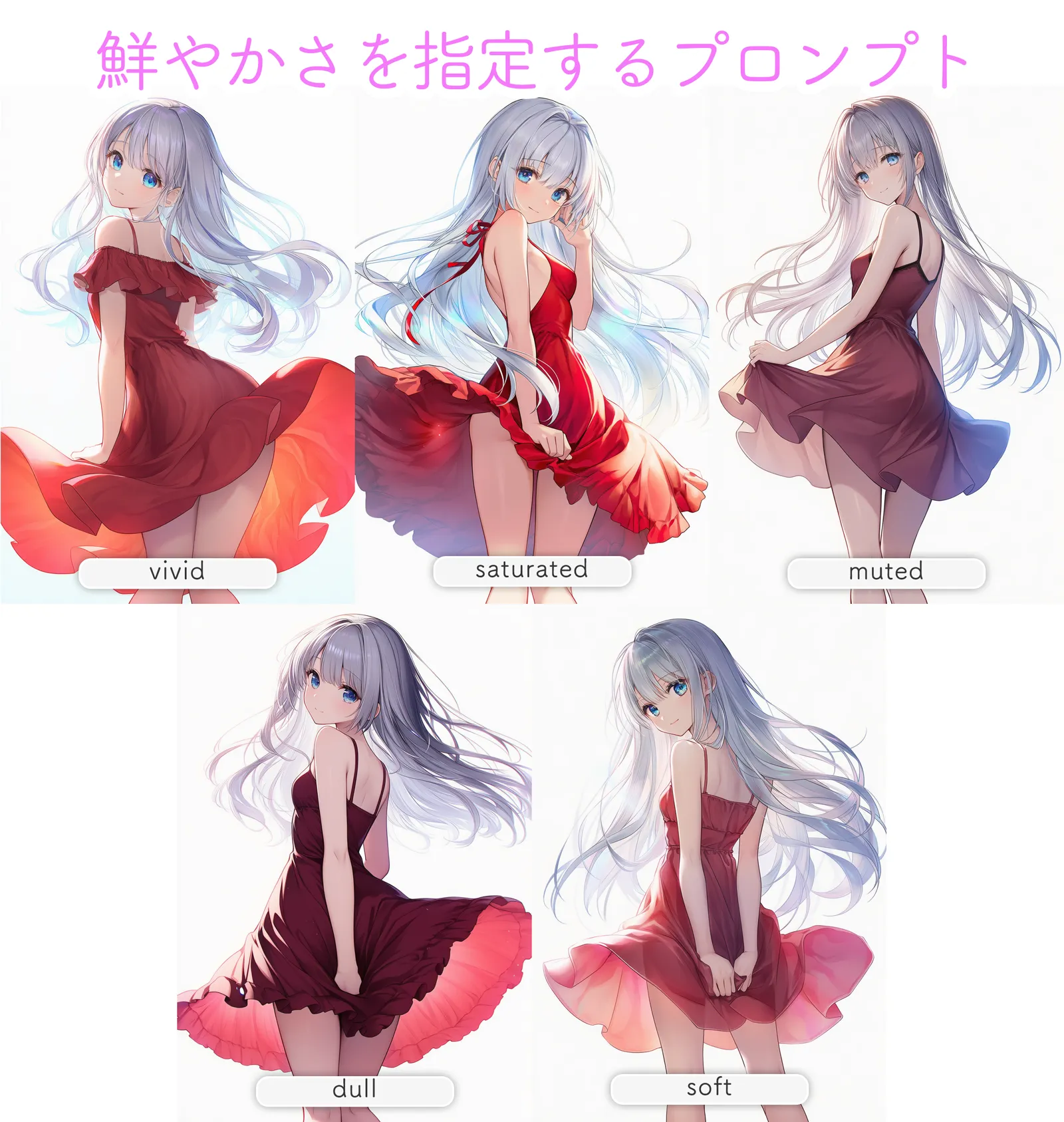 色の鮮やかさを指定するプロンプトの資料イラスト（vivid,saturated,muted,dull,soft）