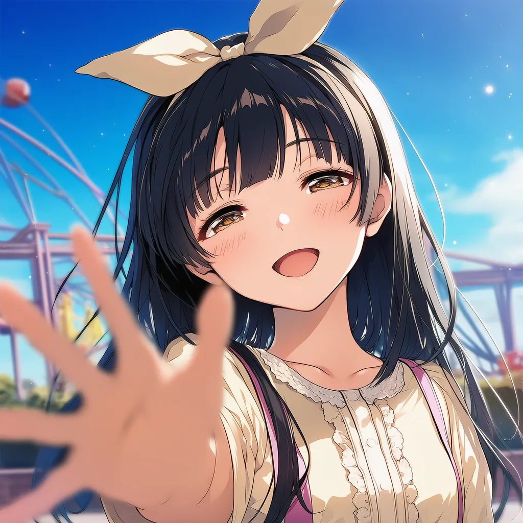 遠近法を用いて美少女が手のひらを近づける様子を表現したAIイラスト|プロンプト紹介
