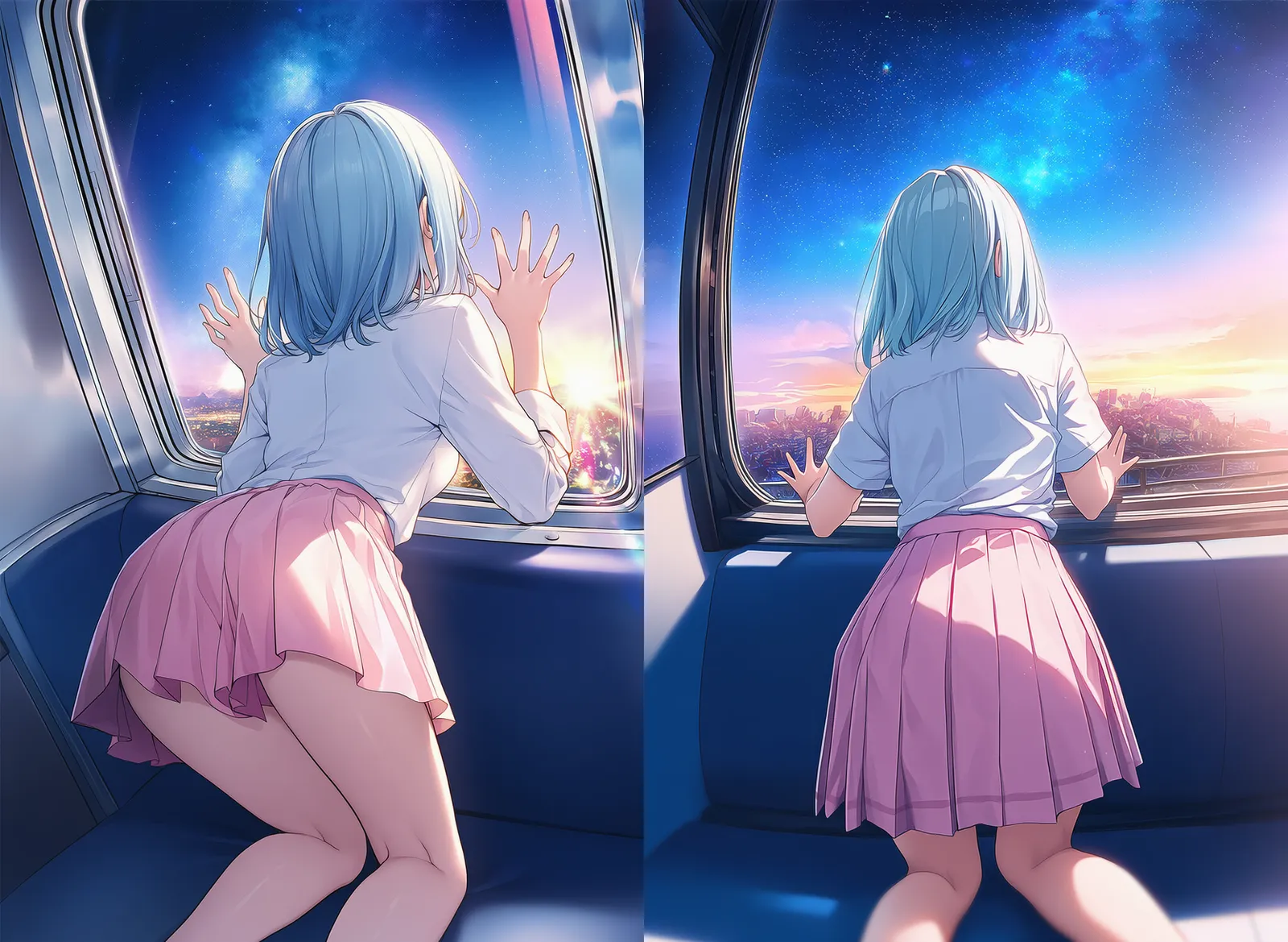 観覧車の窓に手をついて外を眺める美少女AIイラスト|プロンプト解説