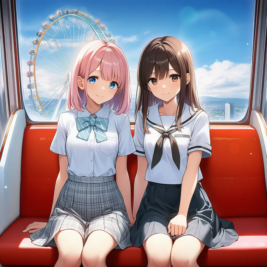 観覧車の中で美少女二人が並んで座るAIイラスト|プロンプト解説