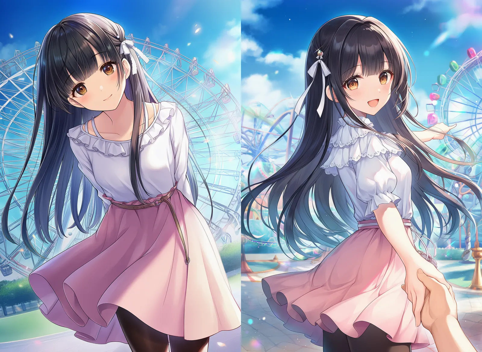 観覧車の前で微笑む美少女のAIイラストの作例