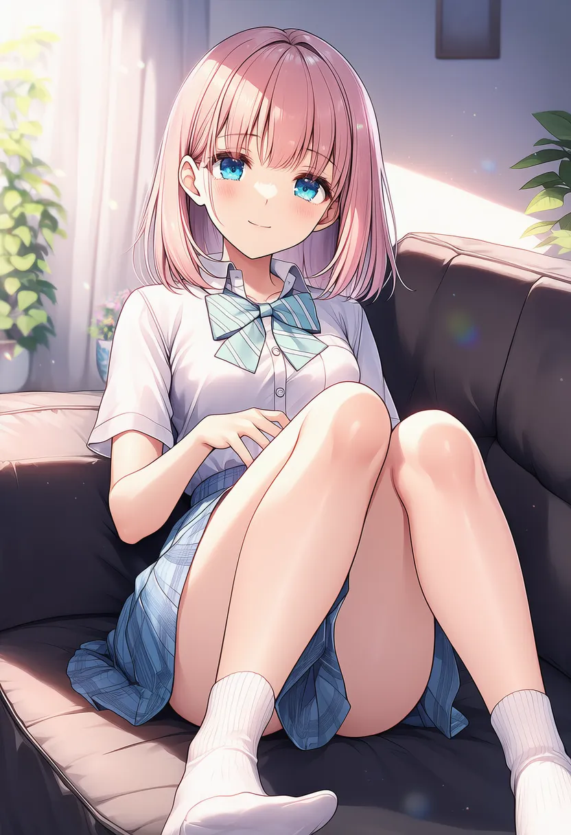 ソファに座るプロンプト紹介のための美少女AIイラスト