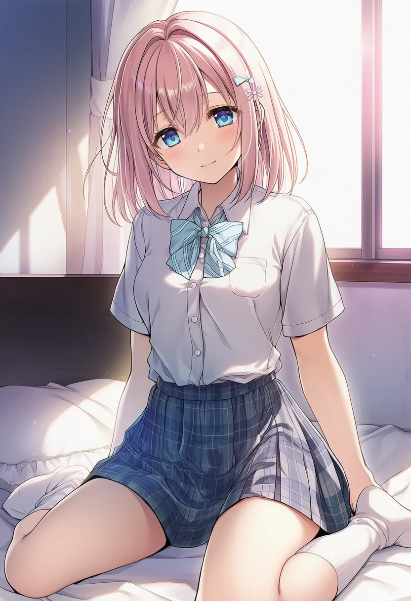 ベッドに座るプロンプト紹介のための美少女AIイラスト