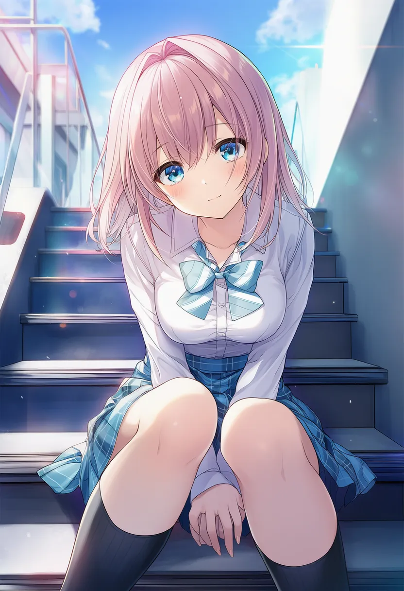 階段に座るプロンプト紹介のための美少女AIイラスト