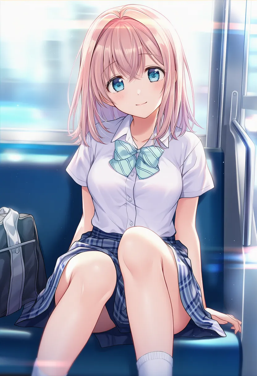 電車の座席に座るプロンプト紹介のための美少女AIイラスト