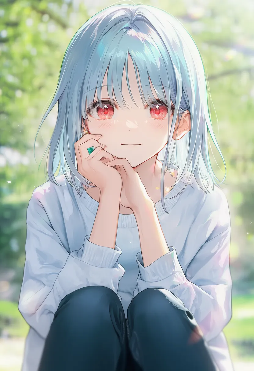 膝を揃えて座るプロンプト紹介のための美少女AIイラスト