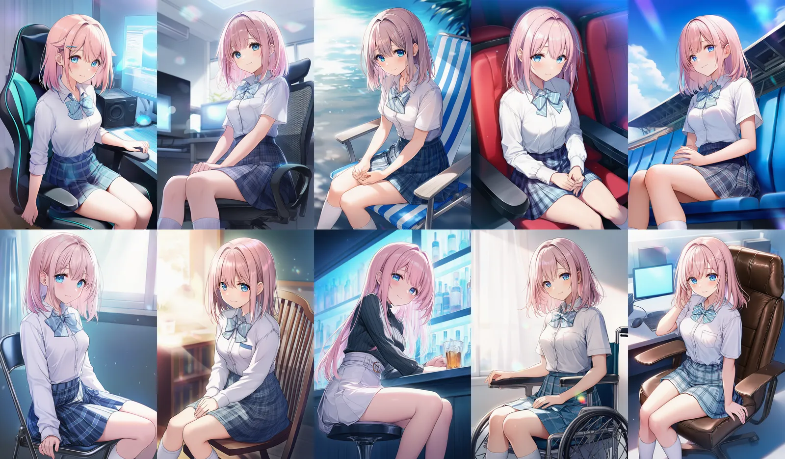 様々な種類の椅子に座る美少女のAIイラスト作例