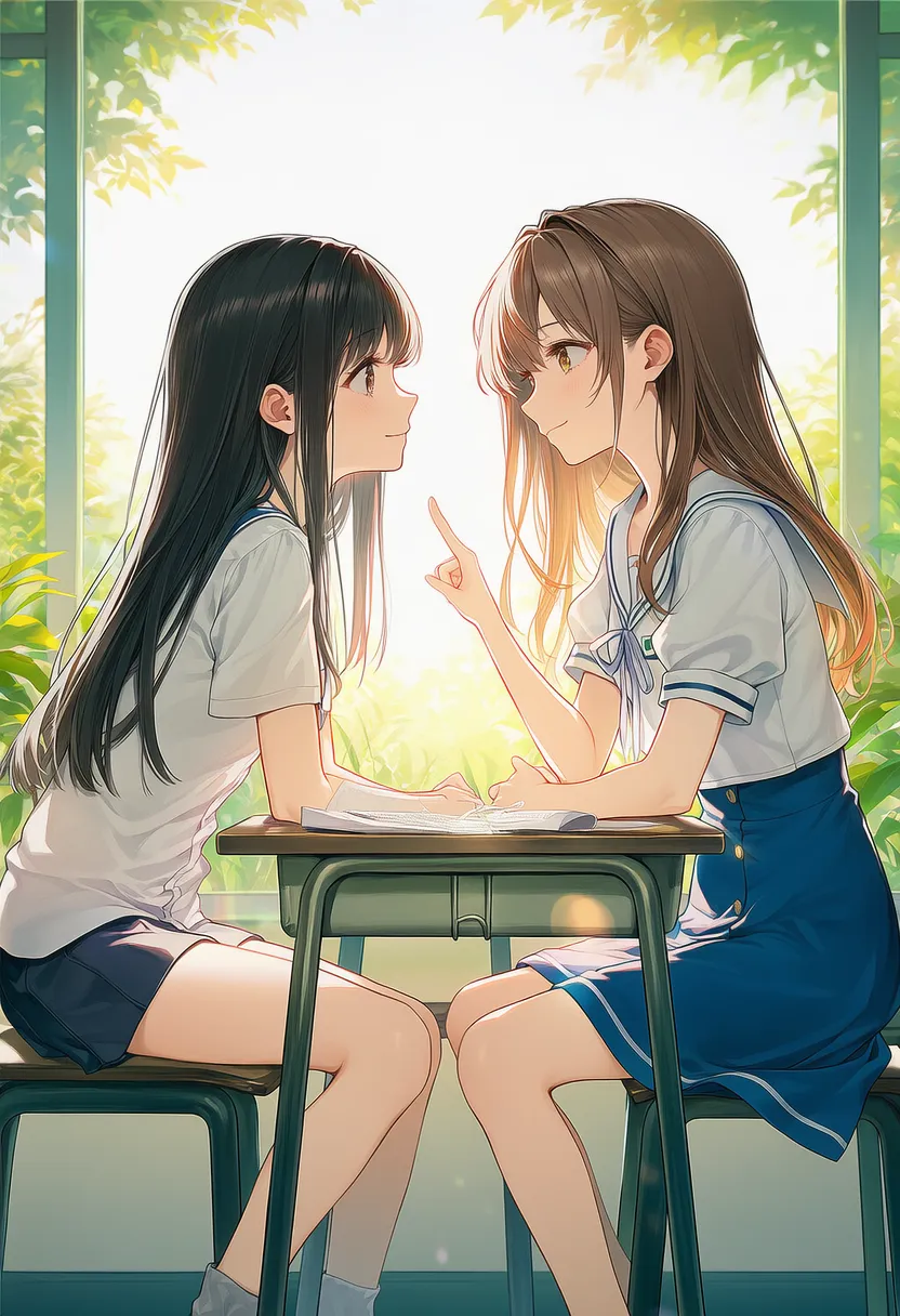 向かい合って座るプロンプト紹介のための美少女AIイラスト