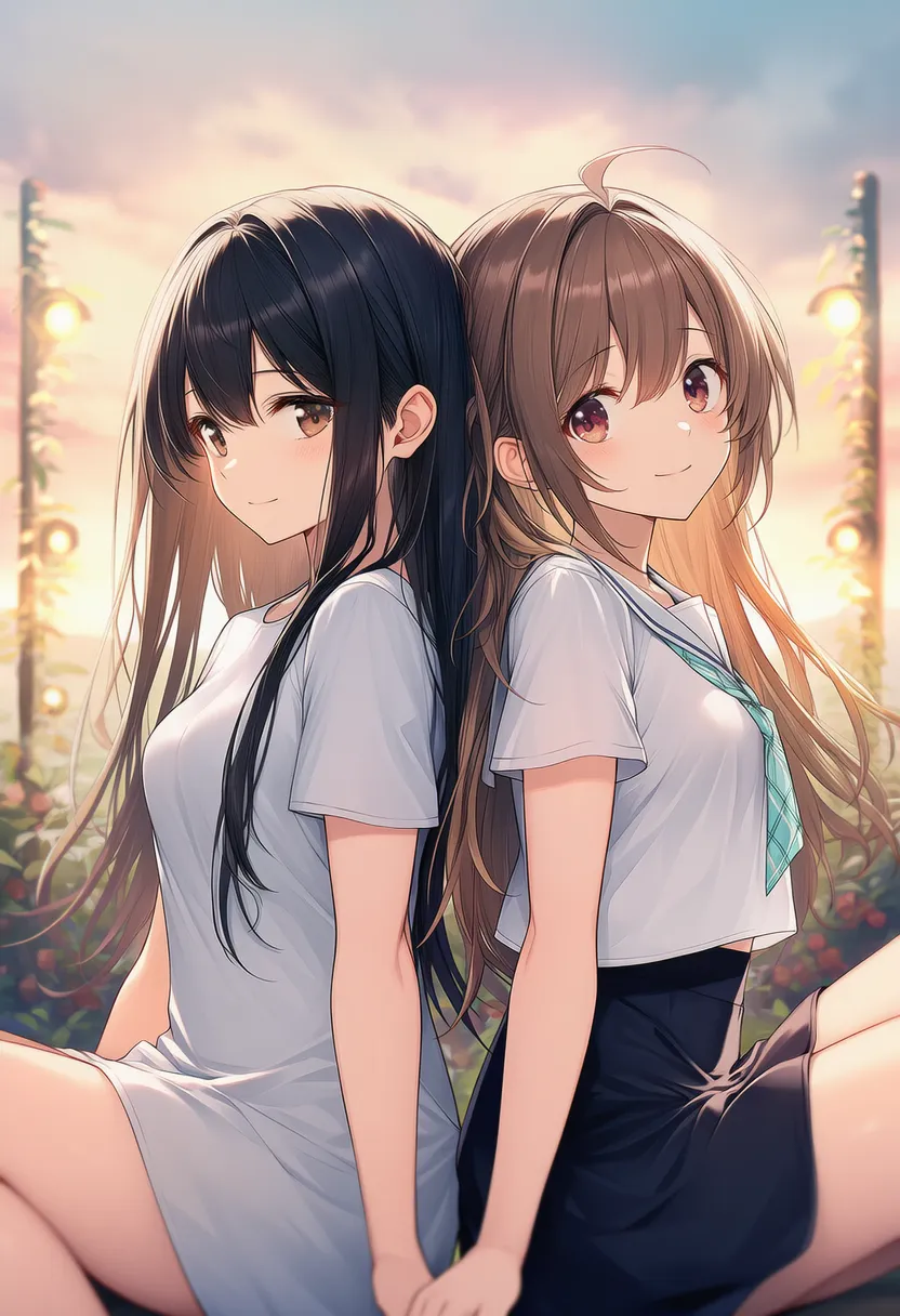 背中合わせで座るプロンプト紹介のための美少女AIイラスト