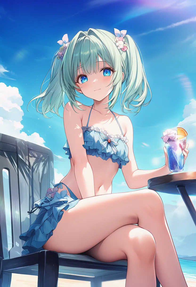 脚(太もも)を組んで椅子に座るプロンプト紹介のための美少女AIイラスト