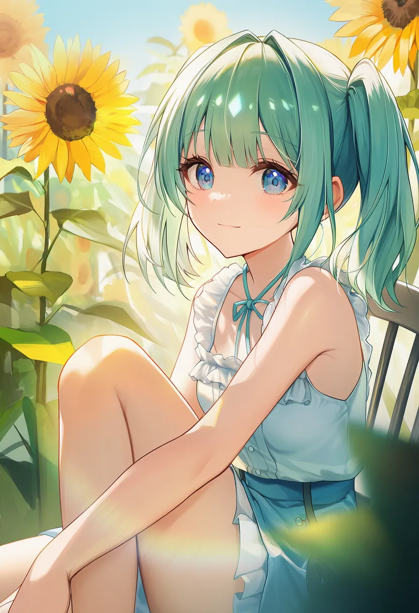 片膝を立てて椅子に座るプロンプト紹介のための美少女AIイラスト