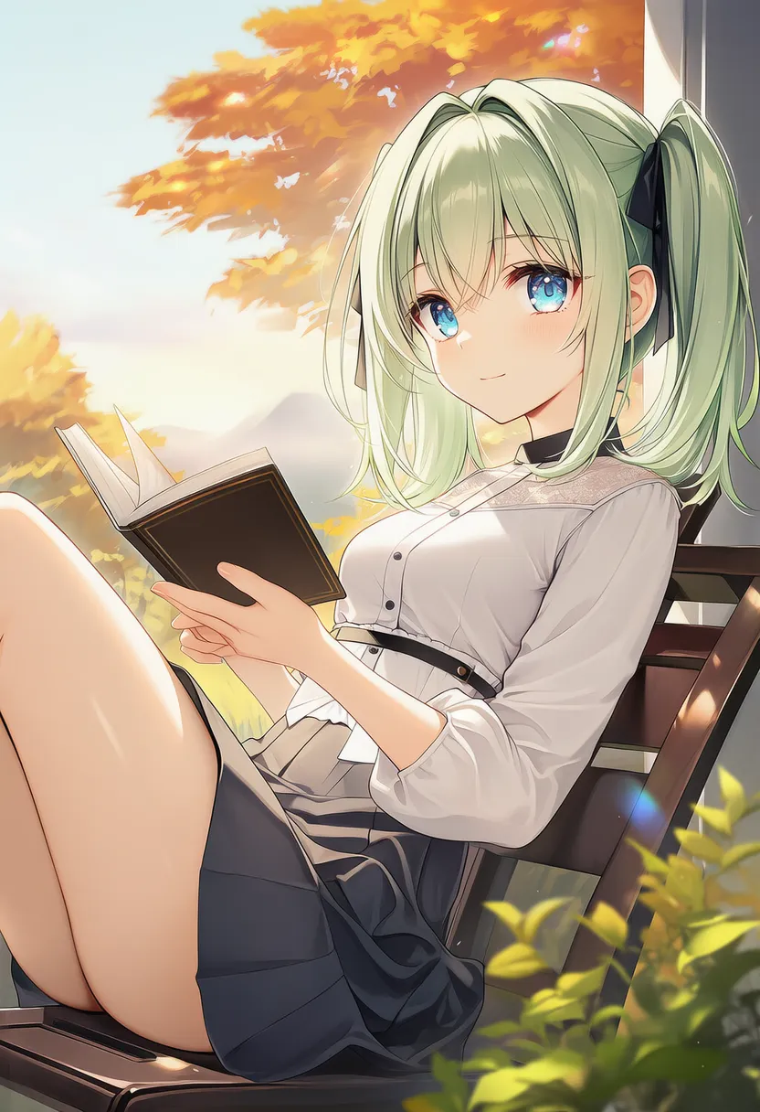 背もたれに寄りかかって椅子に座るプロンプト紹介のための美少女AIイラスト
