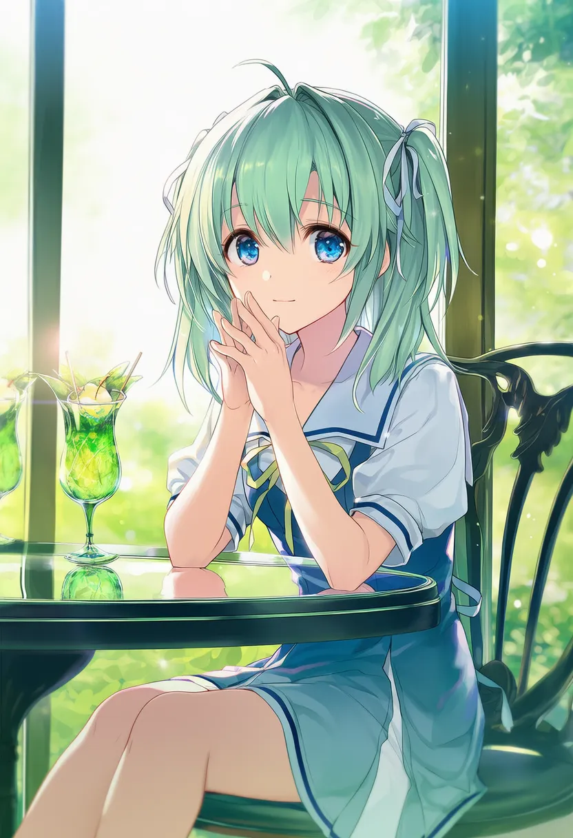 肘をついて椅子に座るプロンプト紹介のための美少女AIイラスト