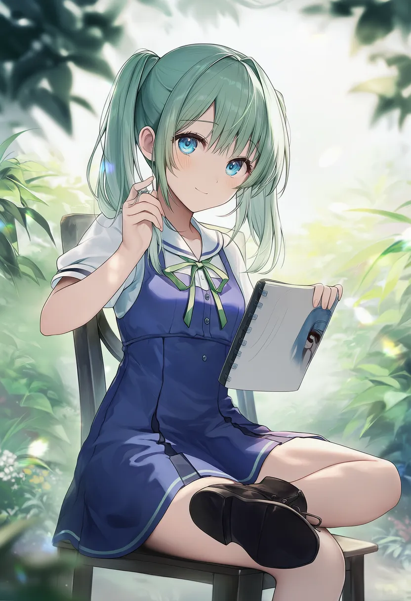 足を4の字に組んで椅子に座るプロンプト紹介のための美少女AIイラスト