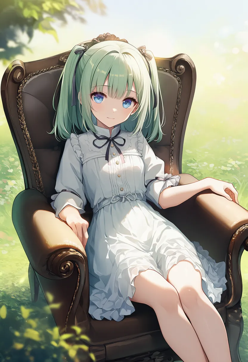 肘掛けに寄りかかって椅子に座るプロンプト紹介のための美少女AIイラスト