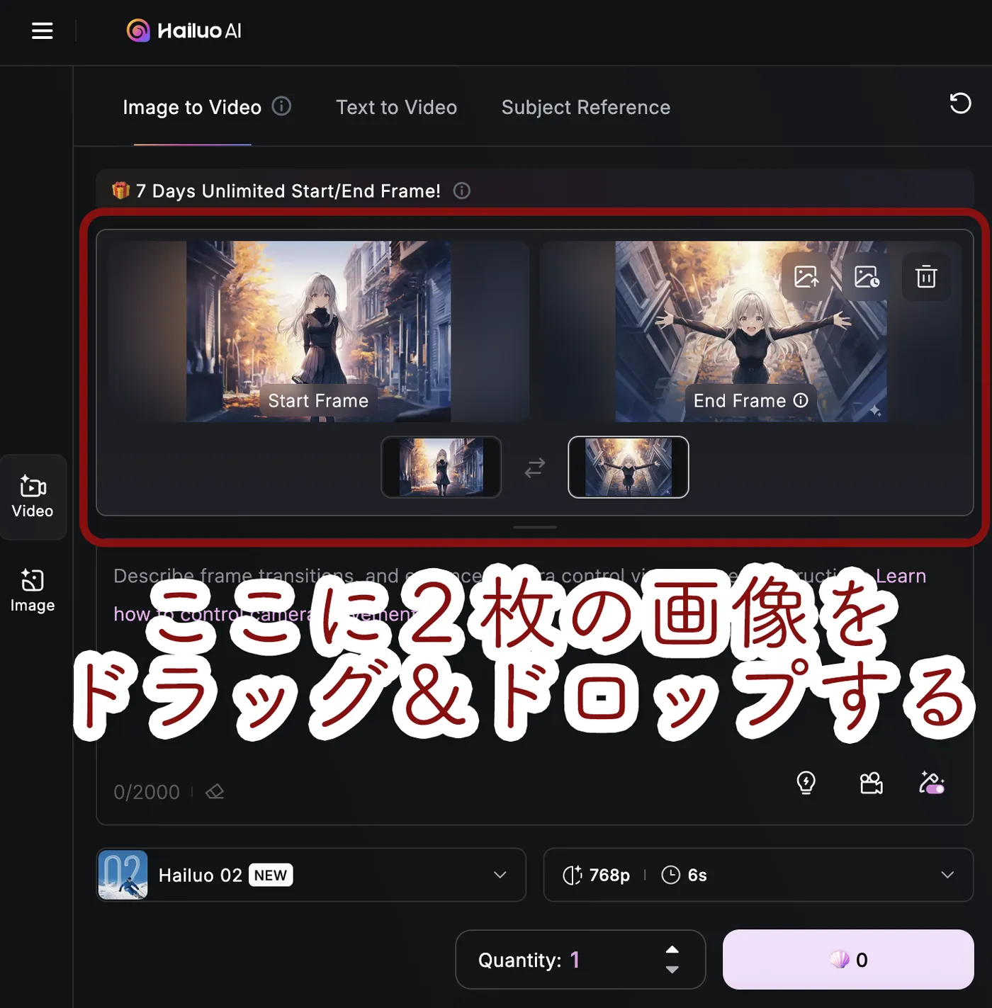 Hailuo AIのStart/End Frame機能設定のスクリーンショット資料