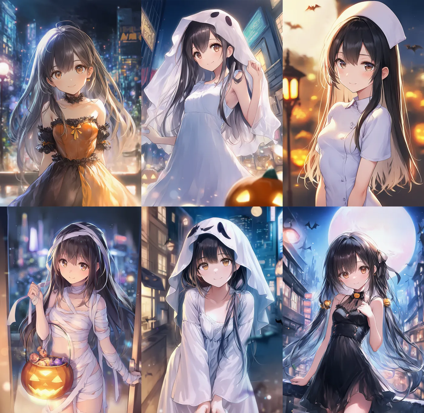 ハロウィンの仮装と街の雰囲気のAIイラストの作例