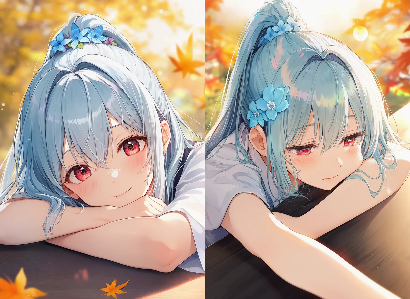 手の上に頭を乗せて突っ伏す美少女のAIイラスト｜プロンプト紹介