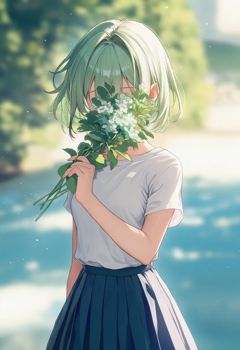 花を使って自分で顔を隠しているAIイラスト