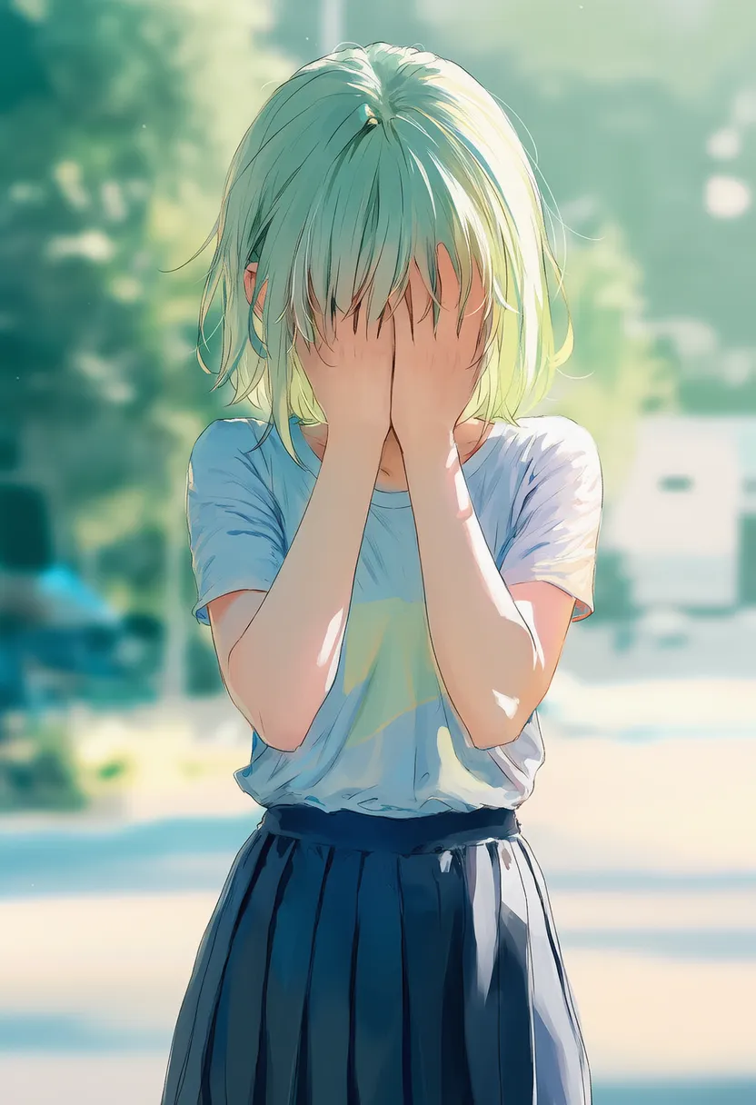 両手で顔を覆って顔を隠している美少女AIイラスト|プロンプト紹介