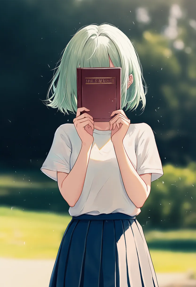 本で顔を隠す美少女のAIイラスト|プロンプト紹介