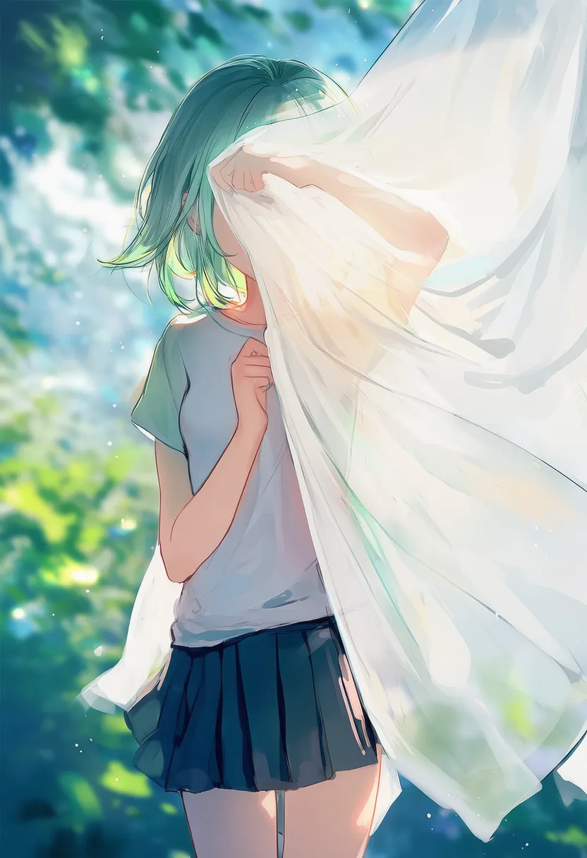 カーテンで顔を隠す美少女のAIイラスト|プロンプト紹介
