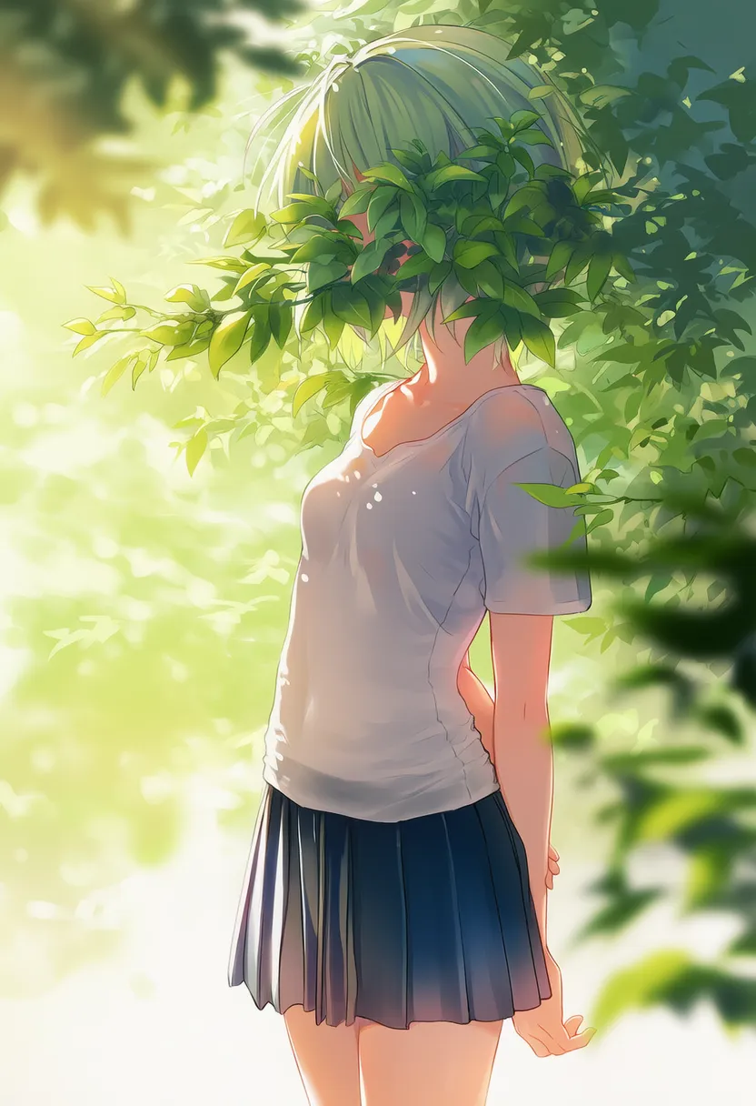 木の枝・葉で顔を隠す美少女のAIイラスト|プロンプト紹介