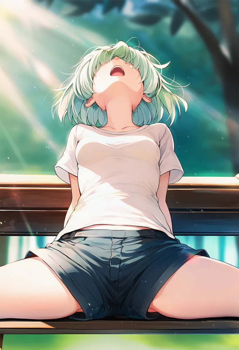 座り姿で大きくのけぞって顔が見えない状態を再現したAIイラスト|プロンプト解説