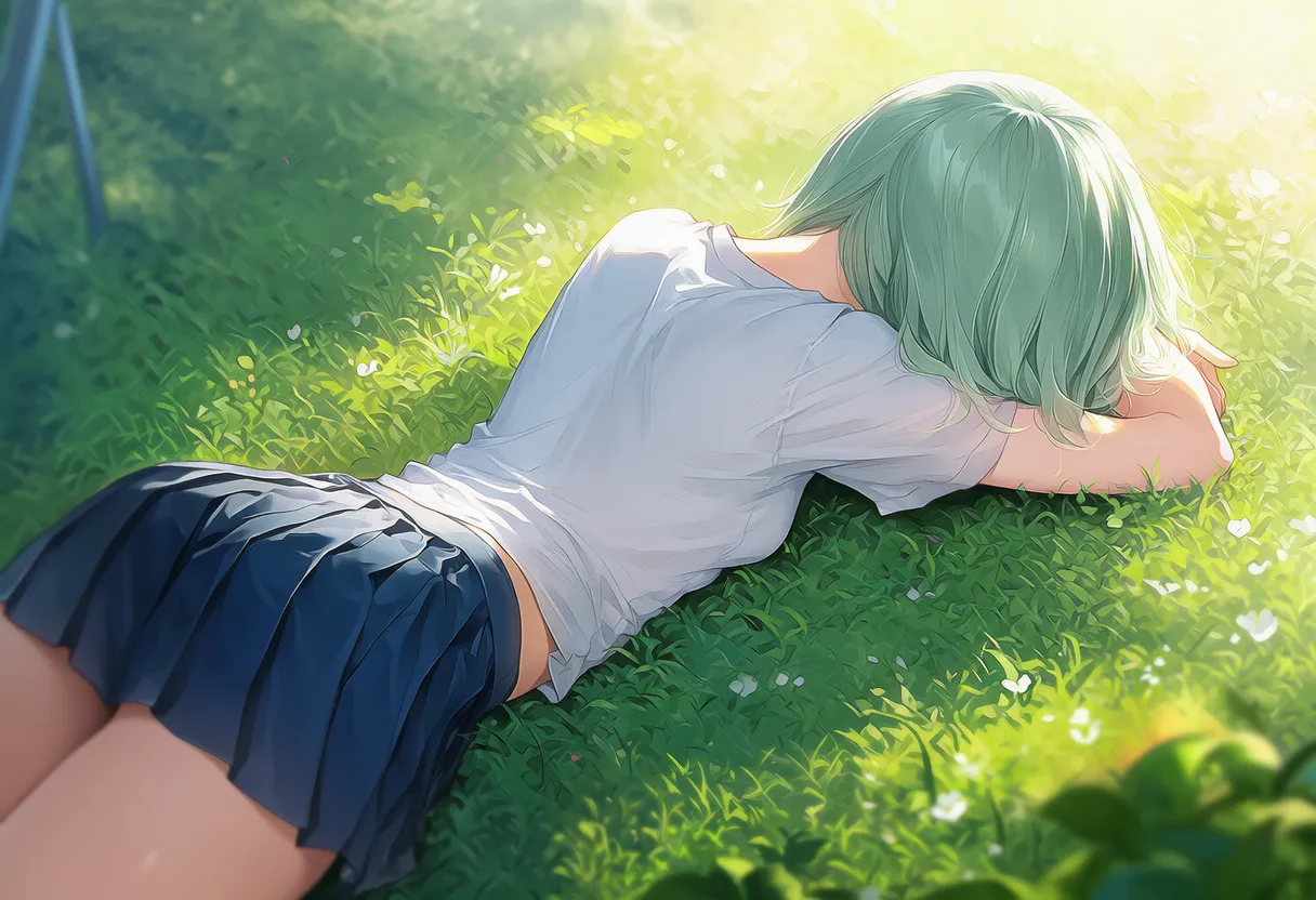 うつ伏せで顔が見えない状態のAIイラスト|プロンプト紹介