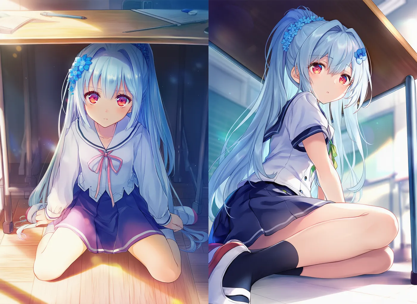 テーブルの下に隠れる美少女のAIイラスト｜プロンプト紹介