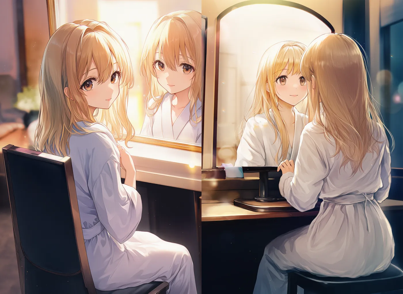鏡越しに映るホテルルームの様子を再現したAIイラスト｜プロンプト紹介