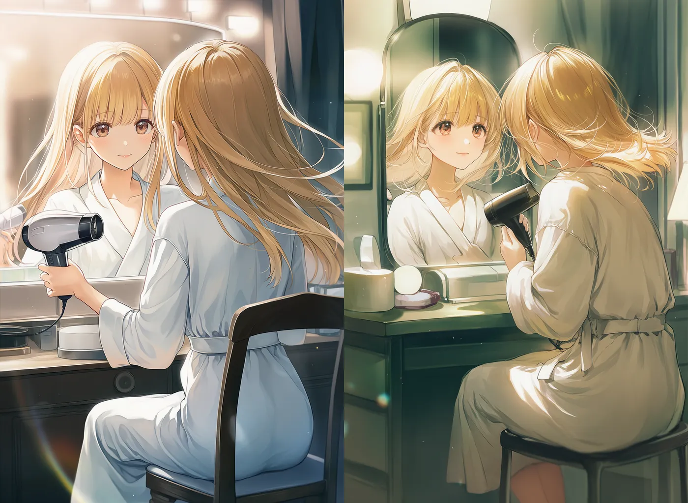 ヘアドライヤーを使う女性と鏡越しに映るホテルルームの様子を再現したAIイラスト｜プロンプト紹介