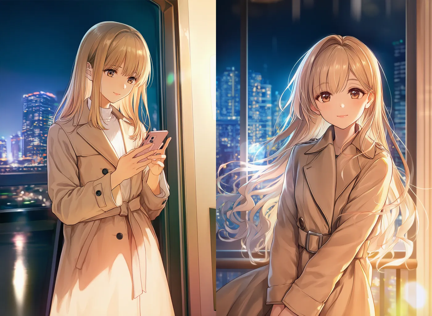 夜景の見えるホテルルームの様子を再現したAIイラスト｜プロンプト紹介
