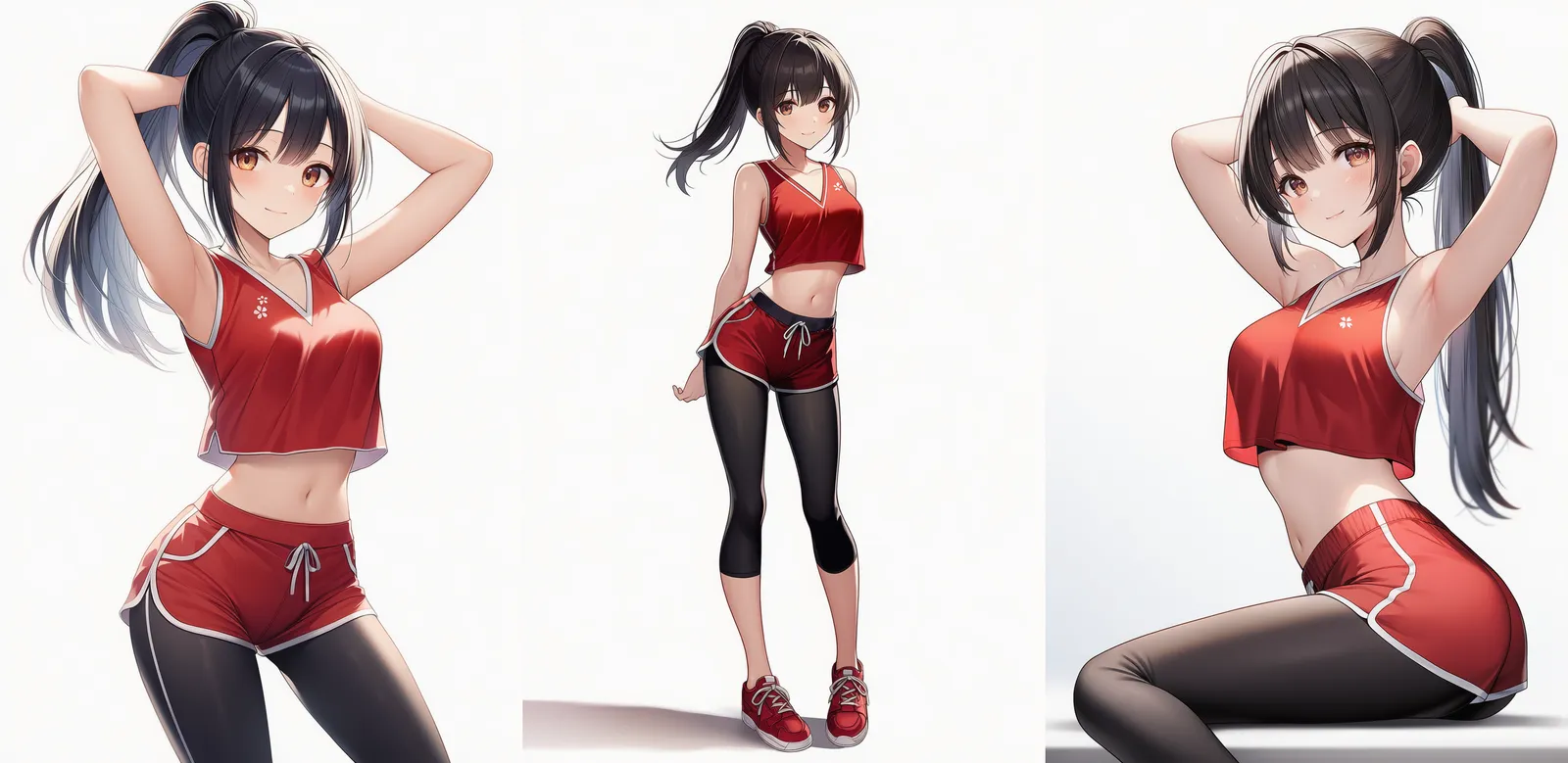 赤シャツ×ドルフィンショーツ×膝丈レギンス|コーデプロンプト紹介